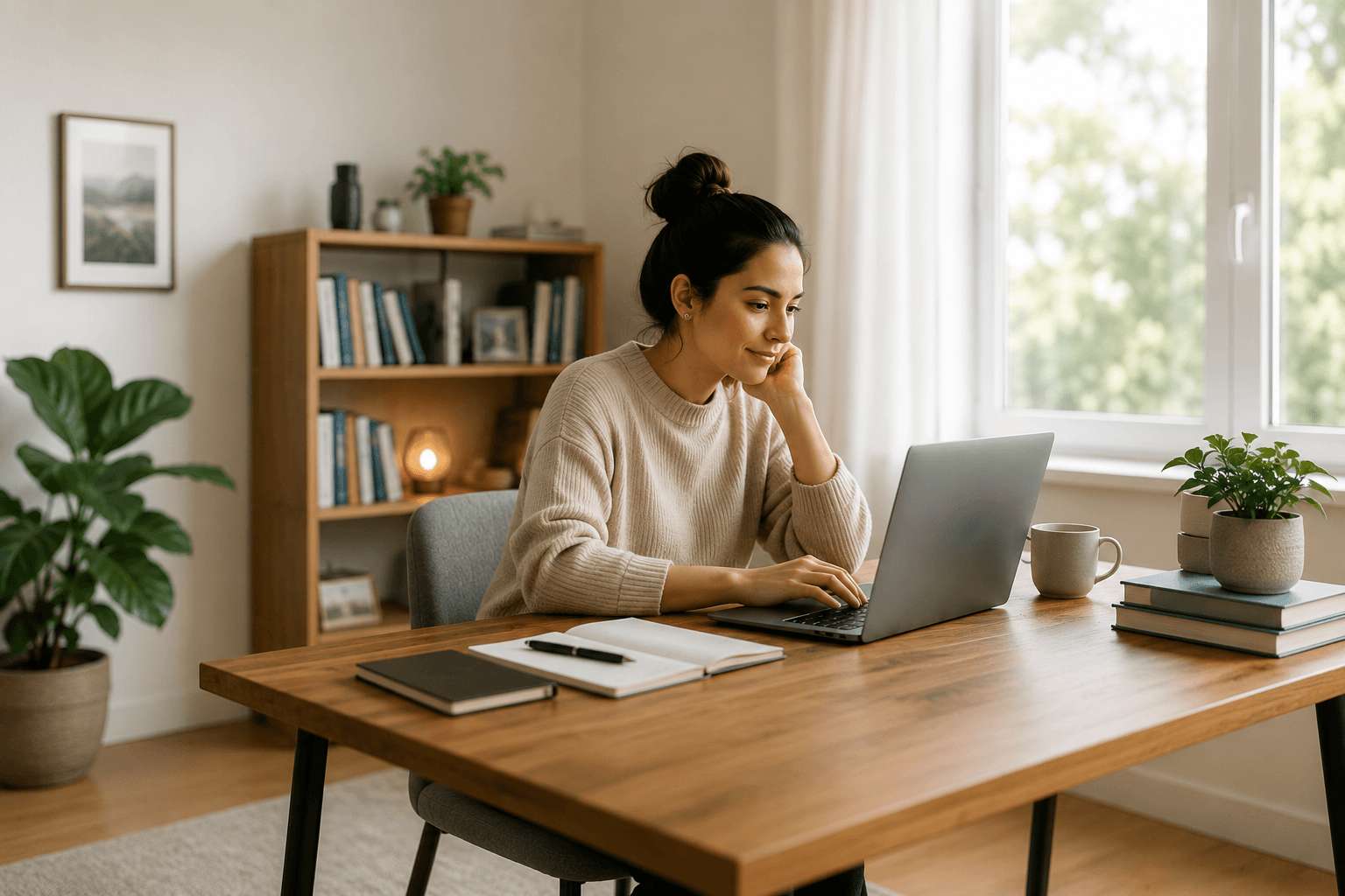 A smiling adult woman working on her laptop at a sunlit wood desk at home, with a notebook, mug, and bookshelf nearby.