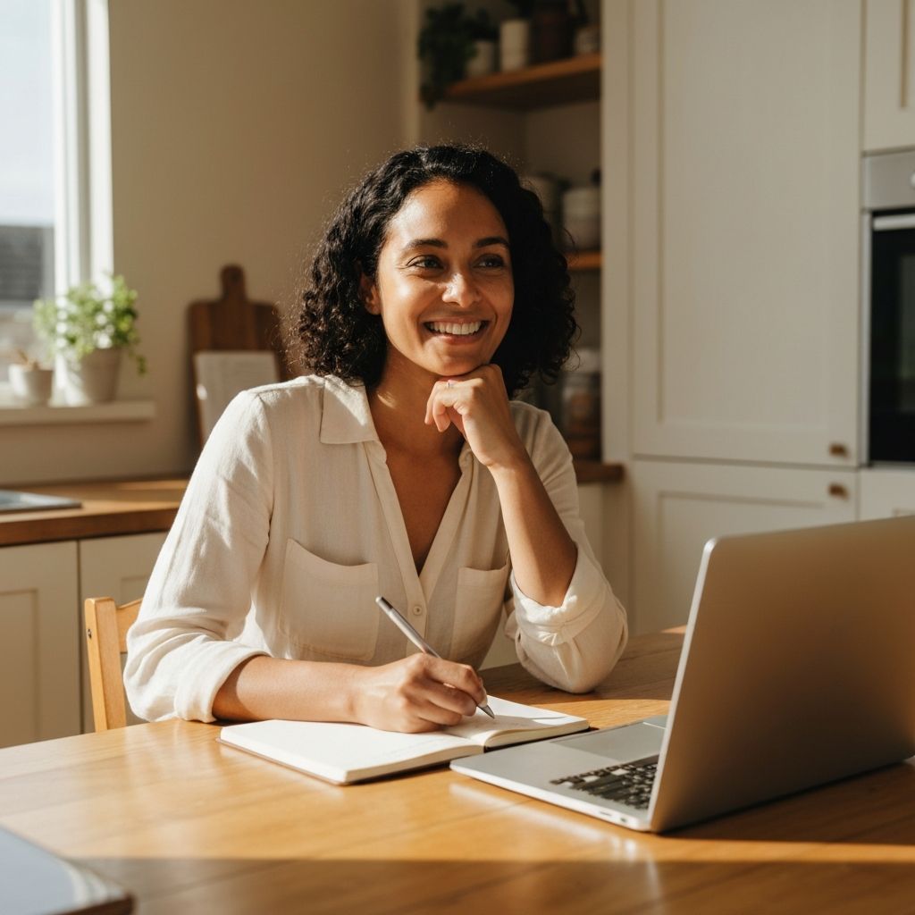 A student studying at home with a laptop, smiling while taking notes.